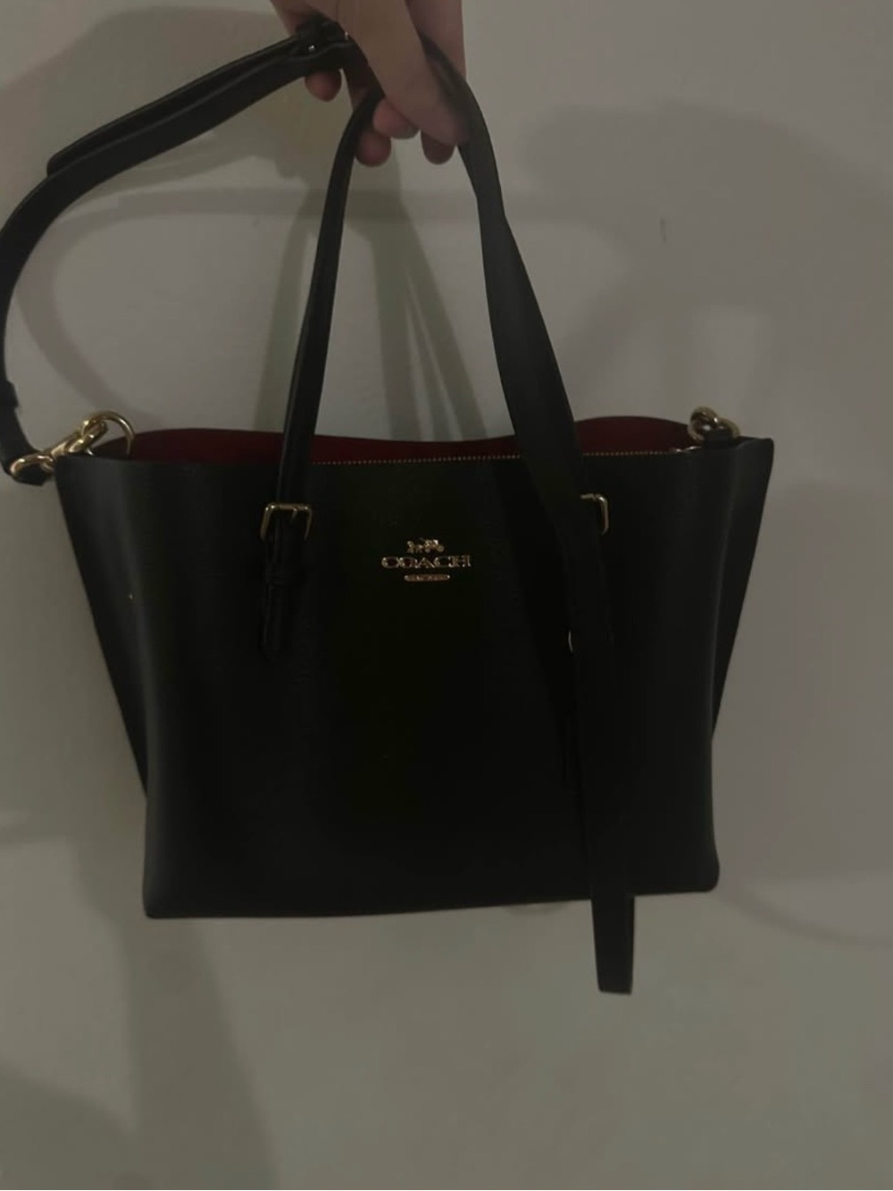 Coach Black Leather Tote with Red Interior and Gold Hardware